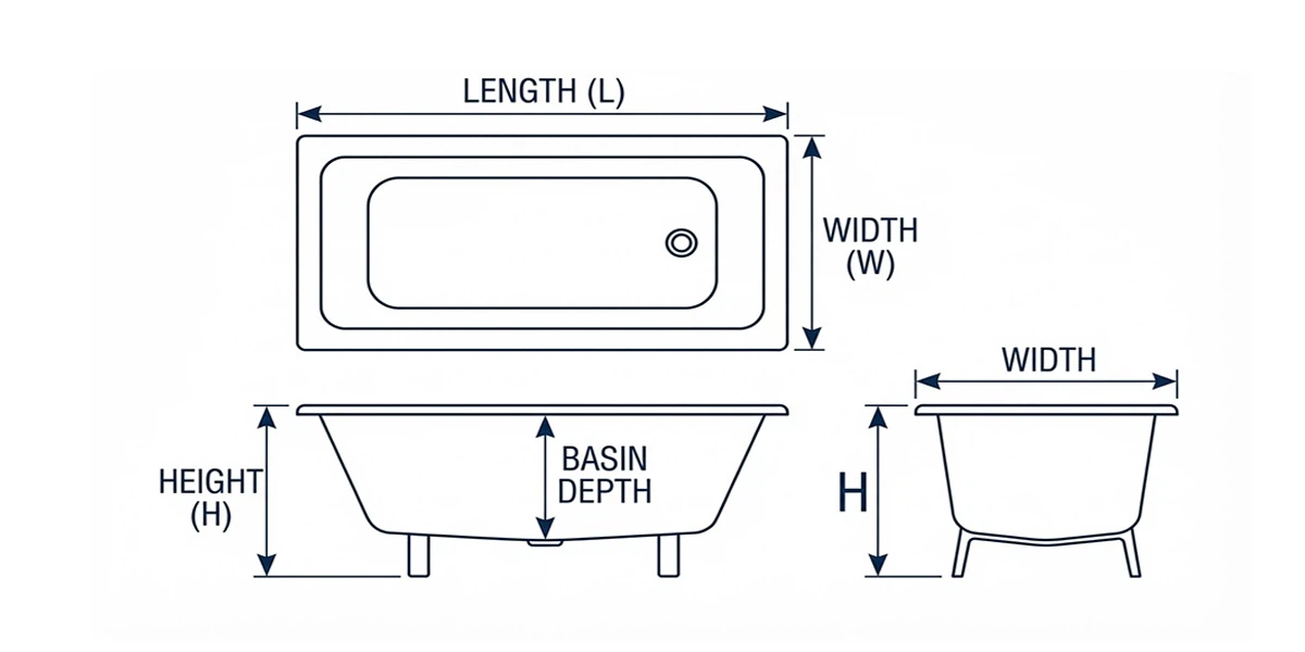 Standard bathtub dimensions diagram and measurement chart Standard bathtub dimensions diagram and measurement chart
